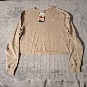 Champion Crop Top Sweat Shirt Women's XL Tan Crew Neck Logo Casual Heritage